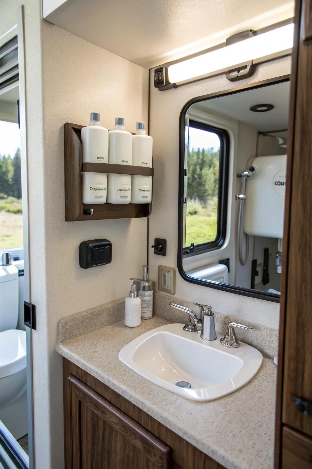 With wall-mounted dispensers, you can keep your sink area tidy.