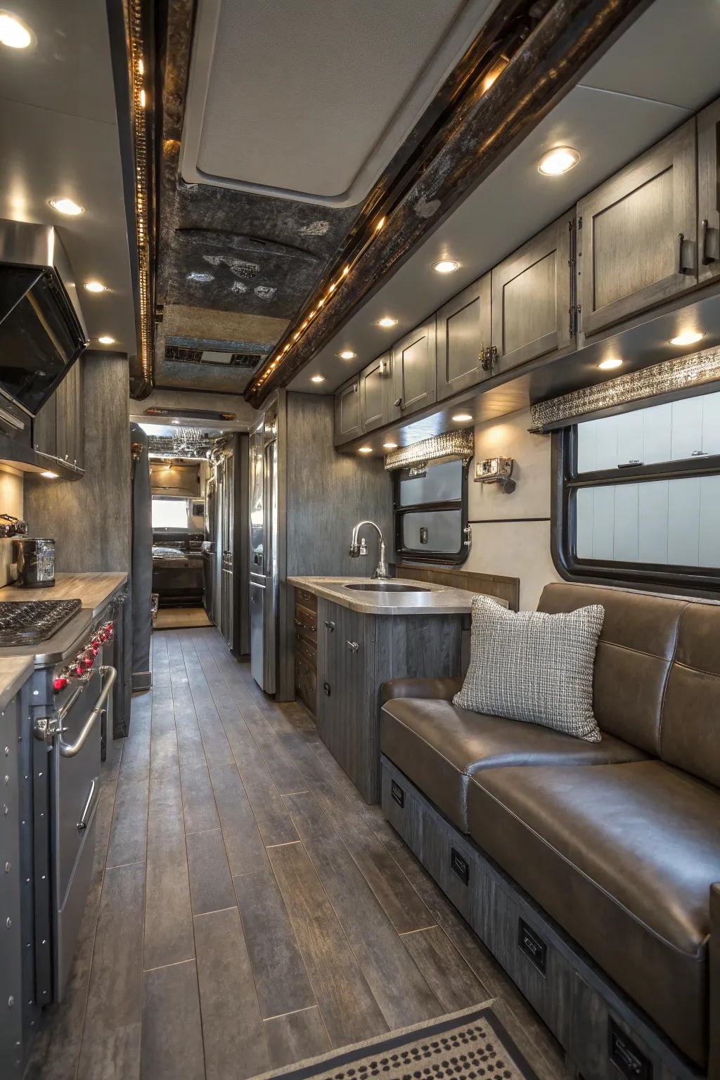 The incorporation of industrialized constituents augments the individuality of this recreational vehicle's interior milieu.