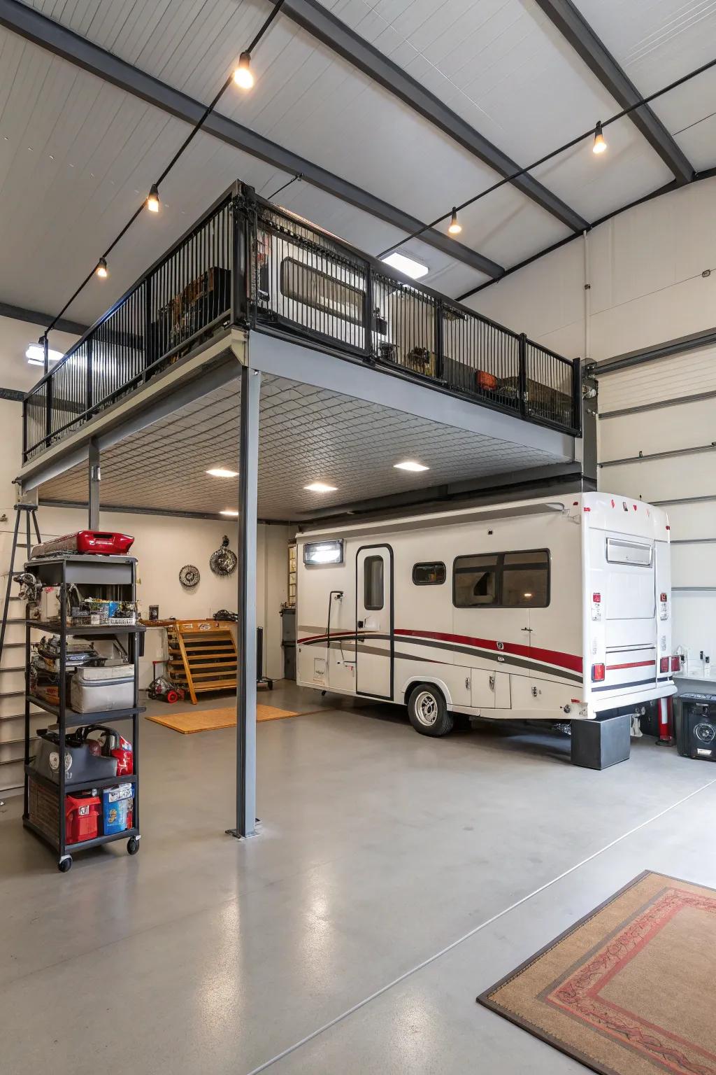 A mid-level platform in an RV garage makes the most of vertical space effectively.
