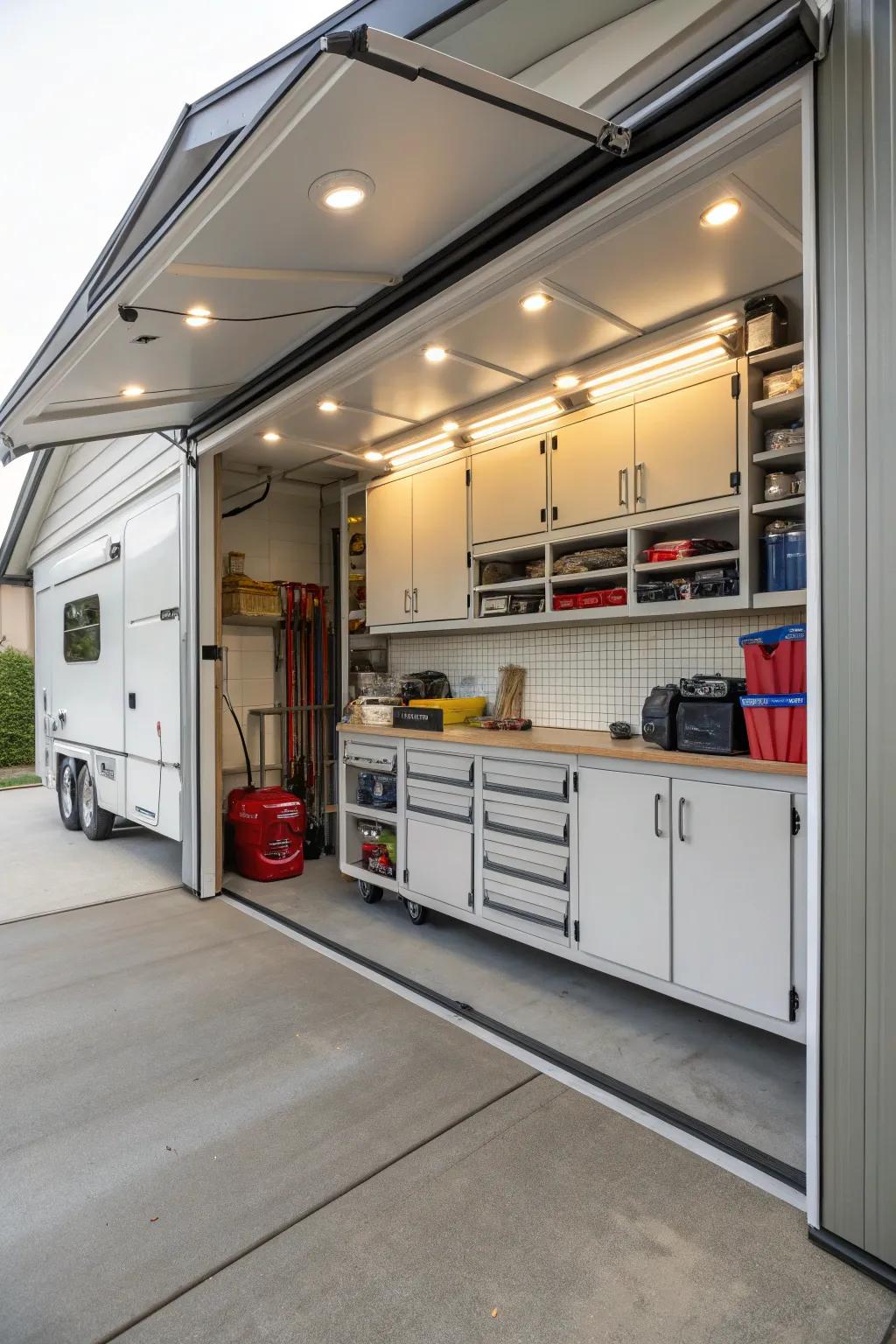 An RV shed with built-in storage for maximum utility.