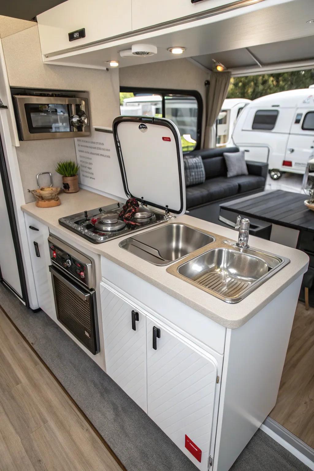 A hob/basin mix system for compact cooking in an RV.