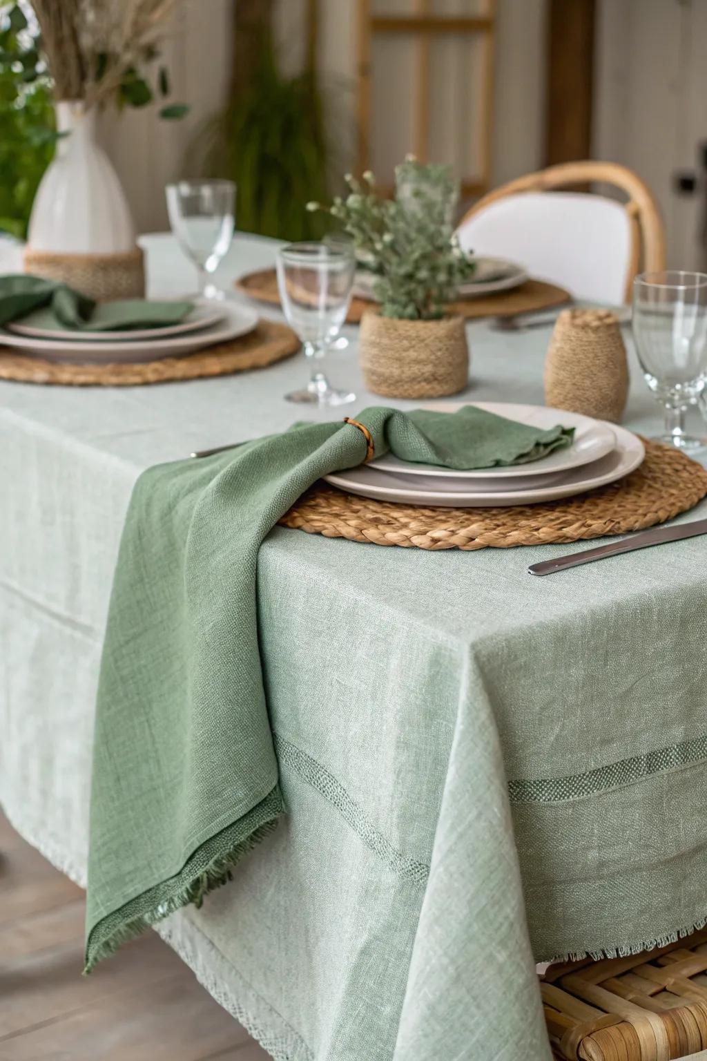 Textured cloth in sage green adds depth and interest to your table décor.