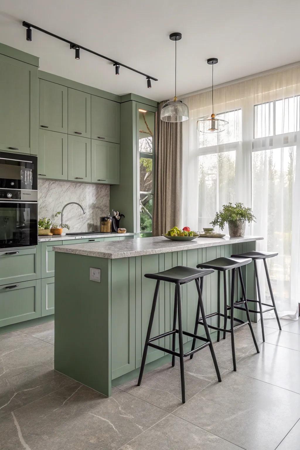 Industrial subtleties append sharpness to the tender sage green kitchen.