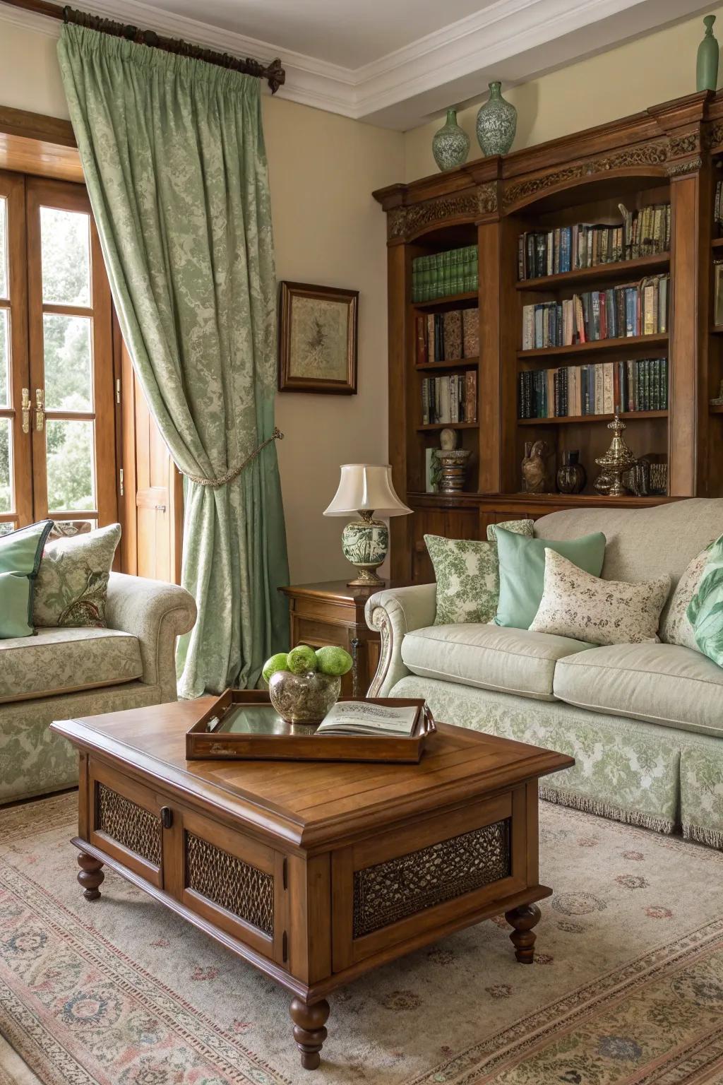 Vintage finds append character and history to a sage green room.