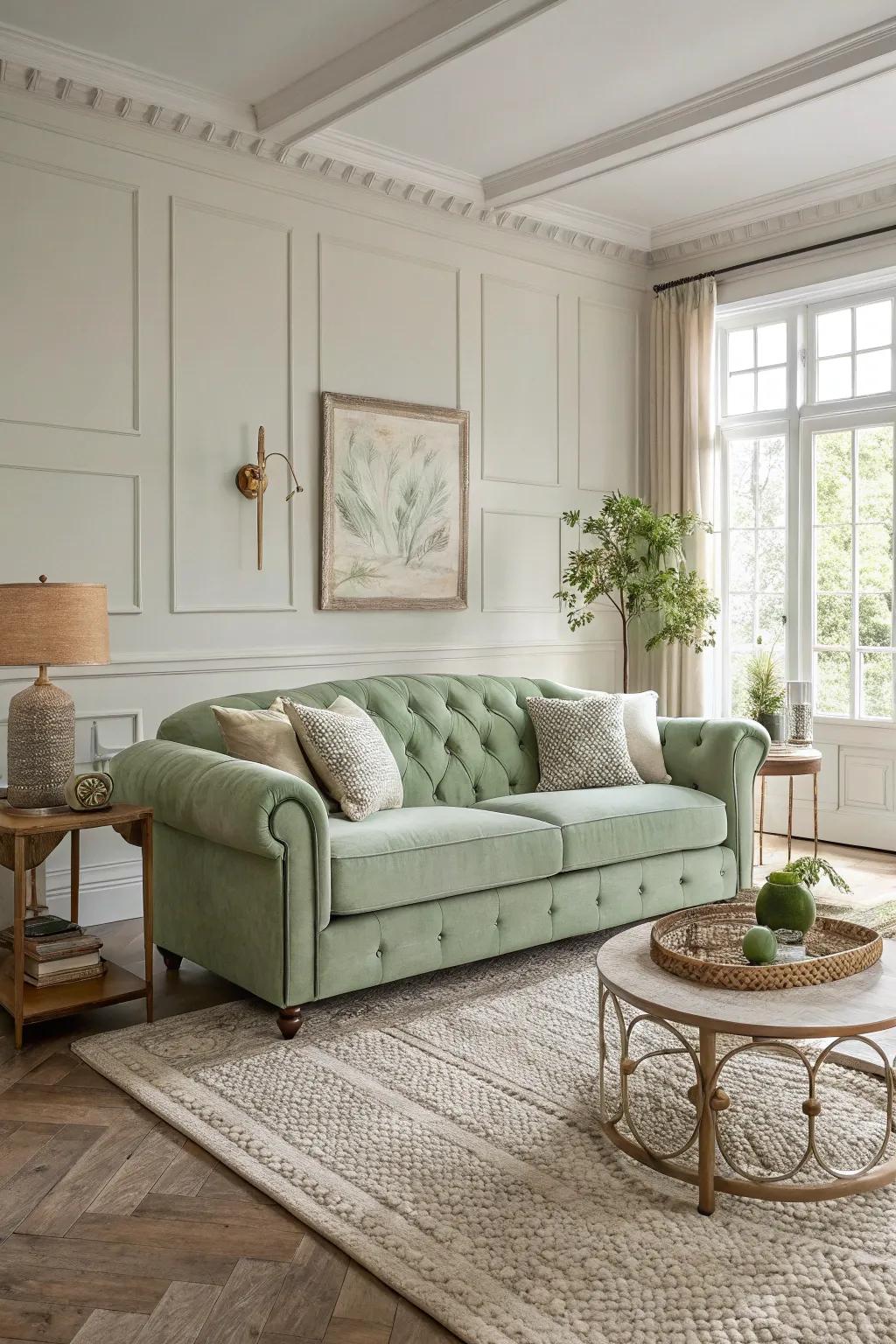 A living space with a daring misty green settee as the focal point.