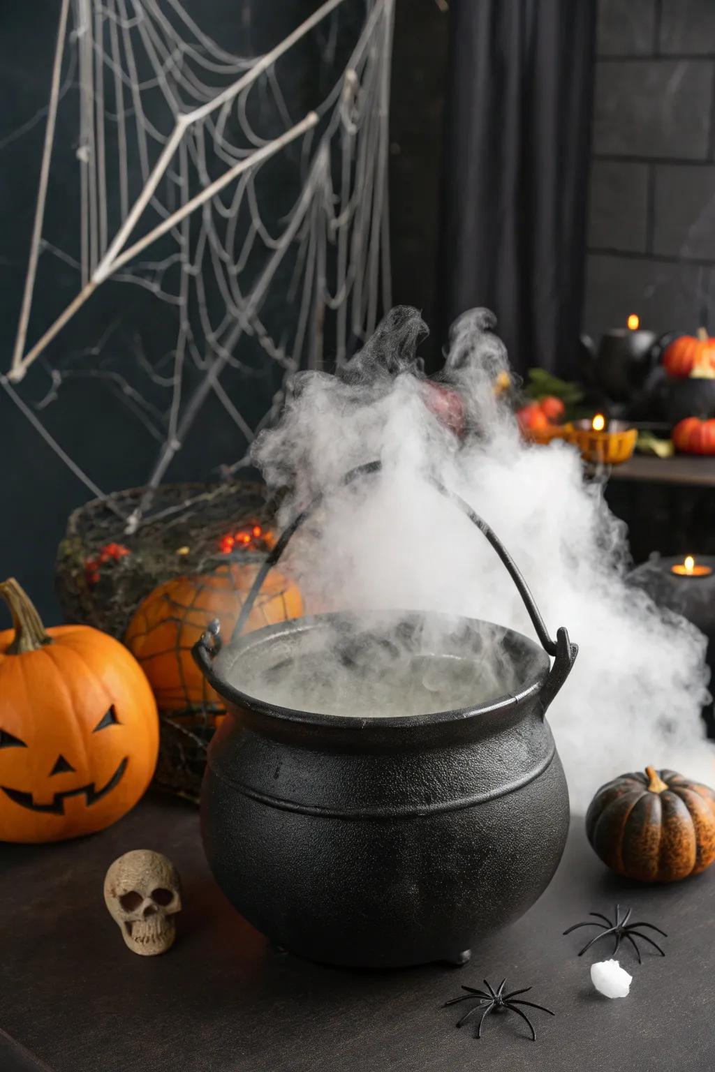 A witch's elixir cauldron bubbles mysteriously on the veranda.