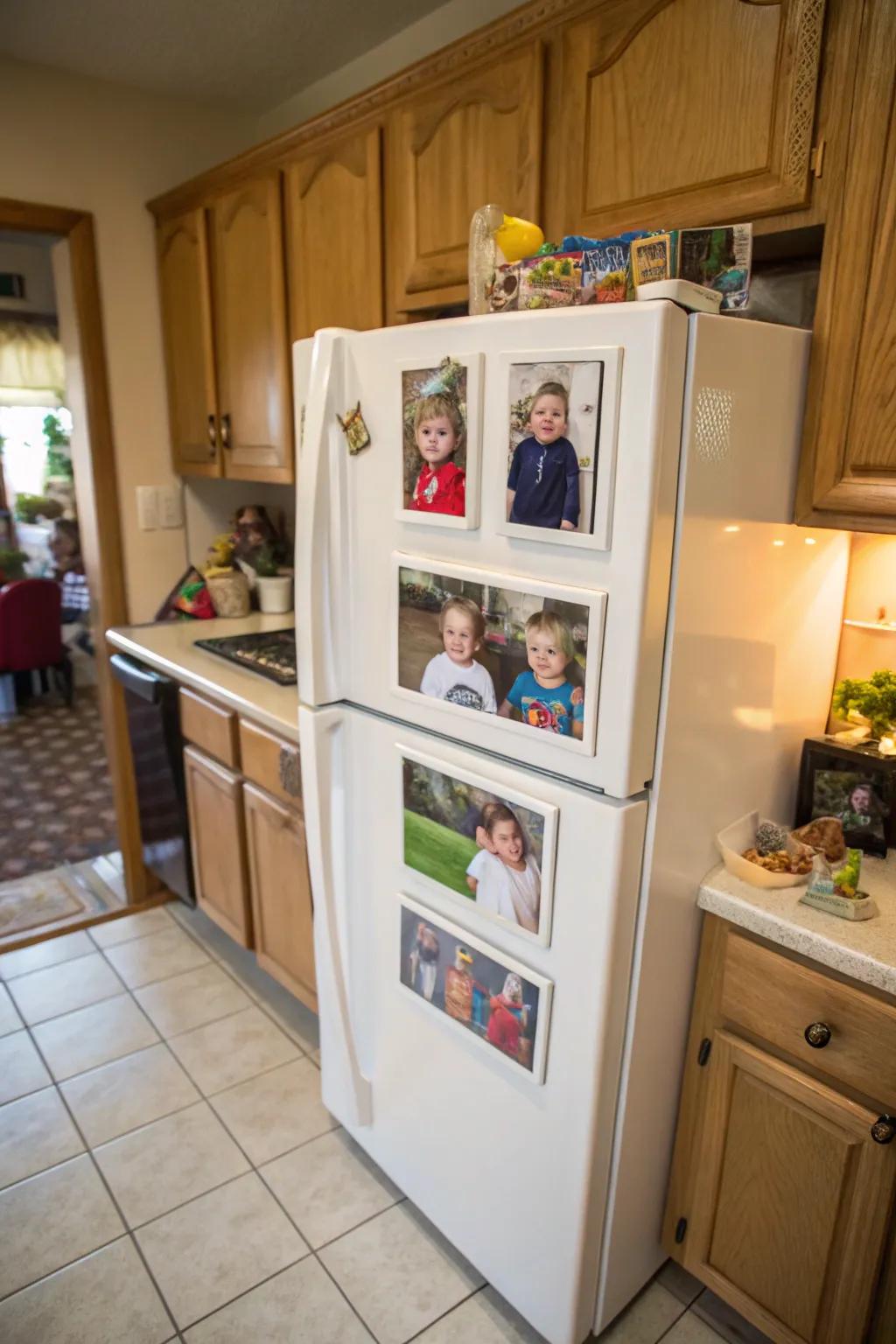 A magnetic fridge display of school photos.