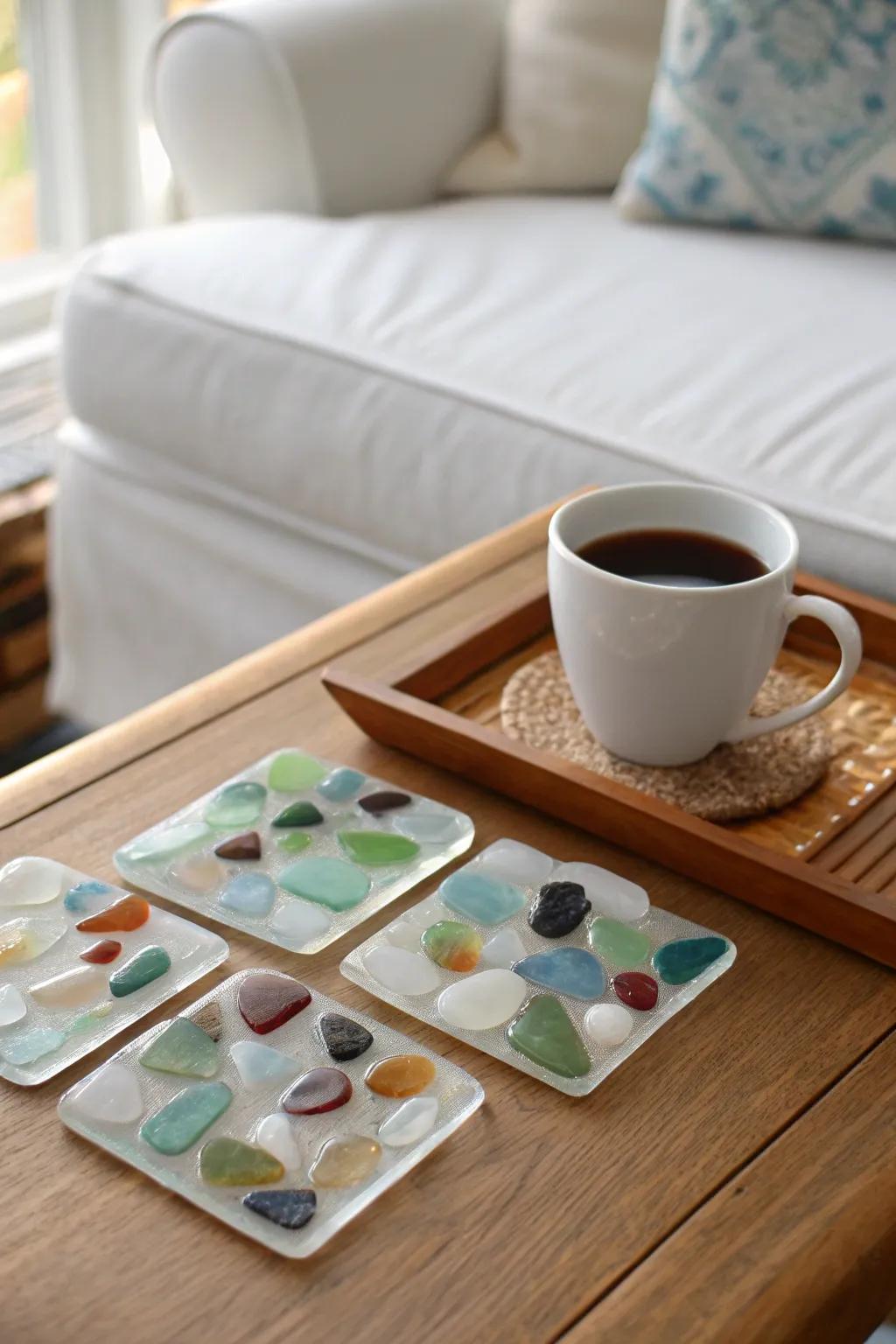 Sea glass coasters are both practical and visually striking.