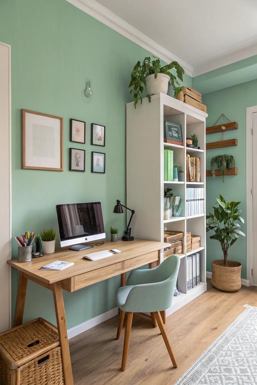 A calming home office with seafoam green walls to boost productivity.