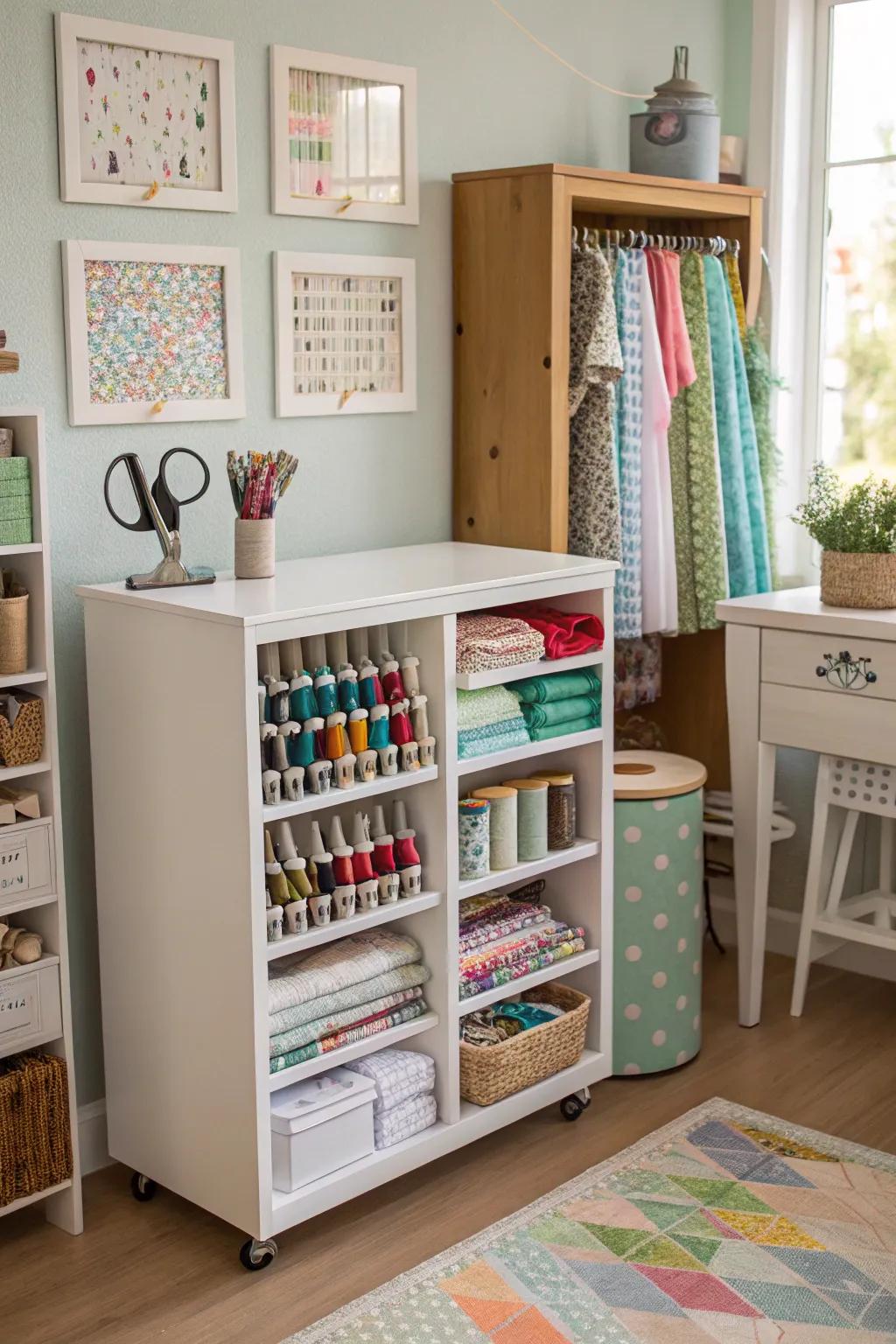 Multi-use storage units streamline organization and accessibility.