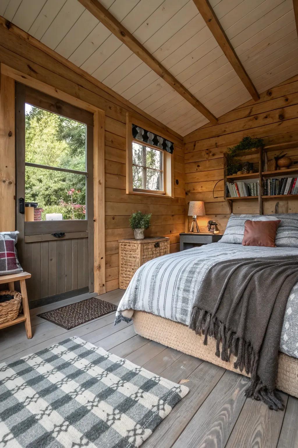 Layering textures deepens the warmth and appeal of your shed bedroom.