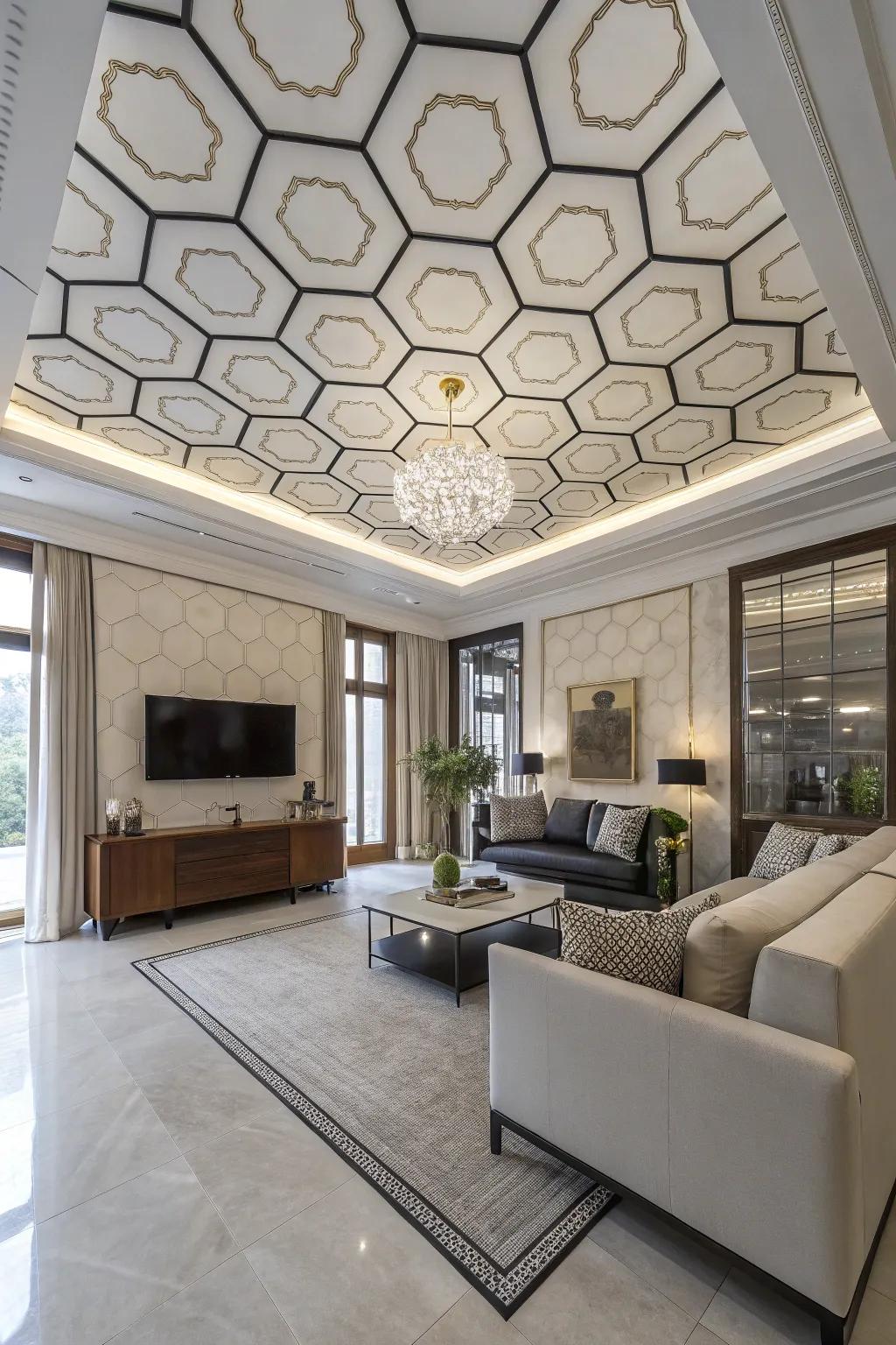 Artistic hexagonal arrangements in a contemporary shed ceiling.