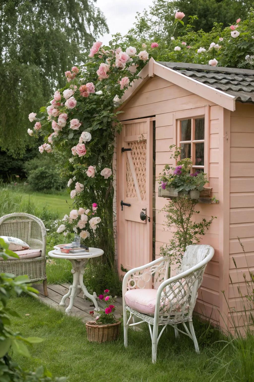 Peachy pink sheds evoke a romantic and cozy garden ambiance.