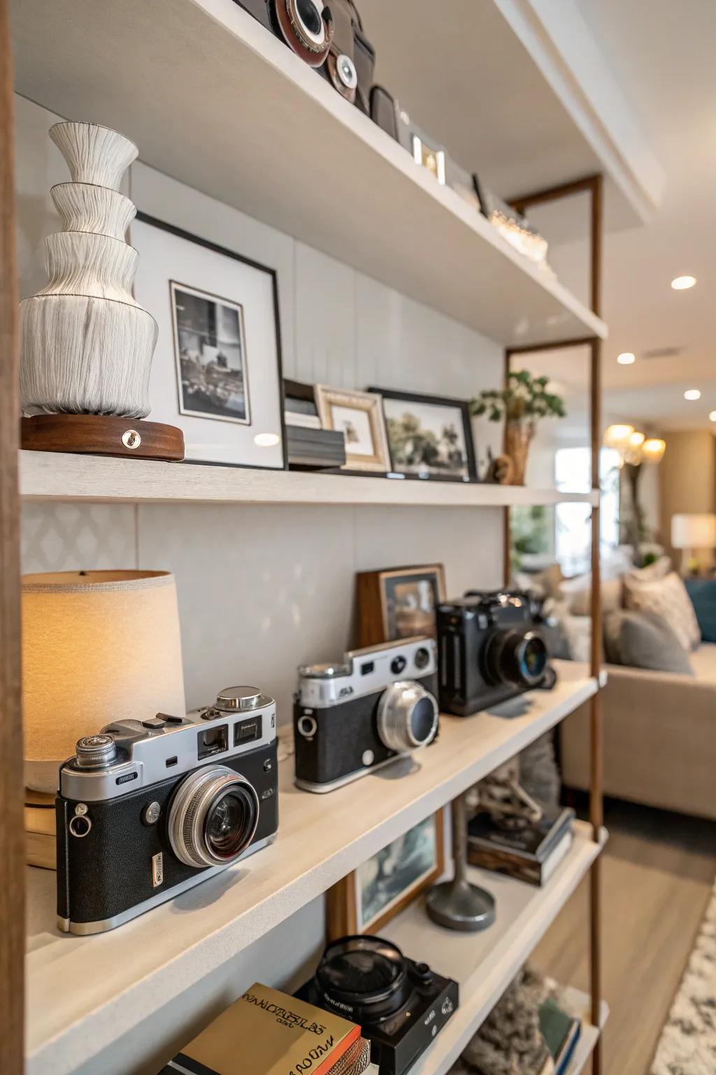 A compilation of antique cameras appends personal appeal to shelves.