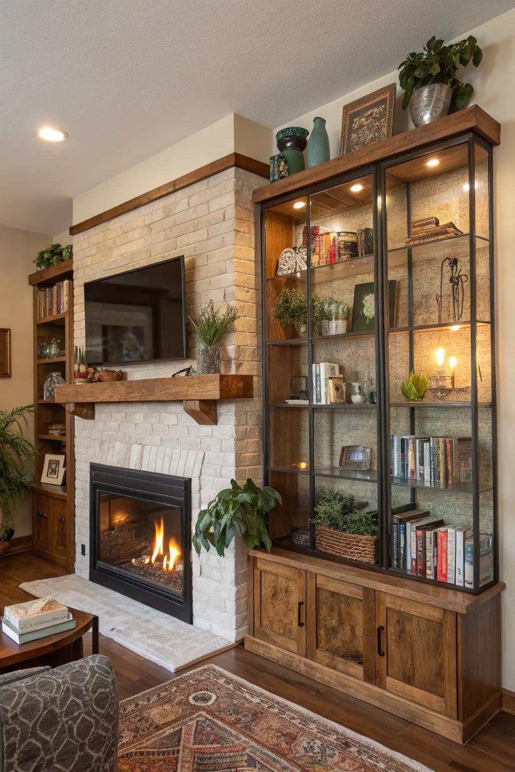 Mixed materials add depth and interest to the shelves.