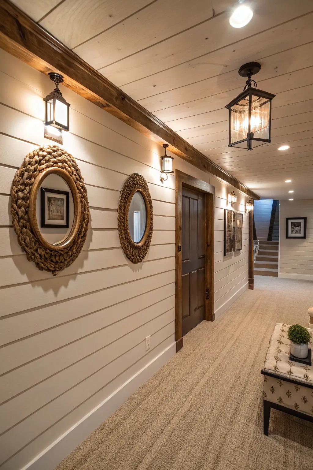 A bright basement featuring board and batten walls and mirrors to enhance light.