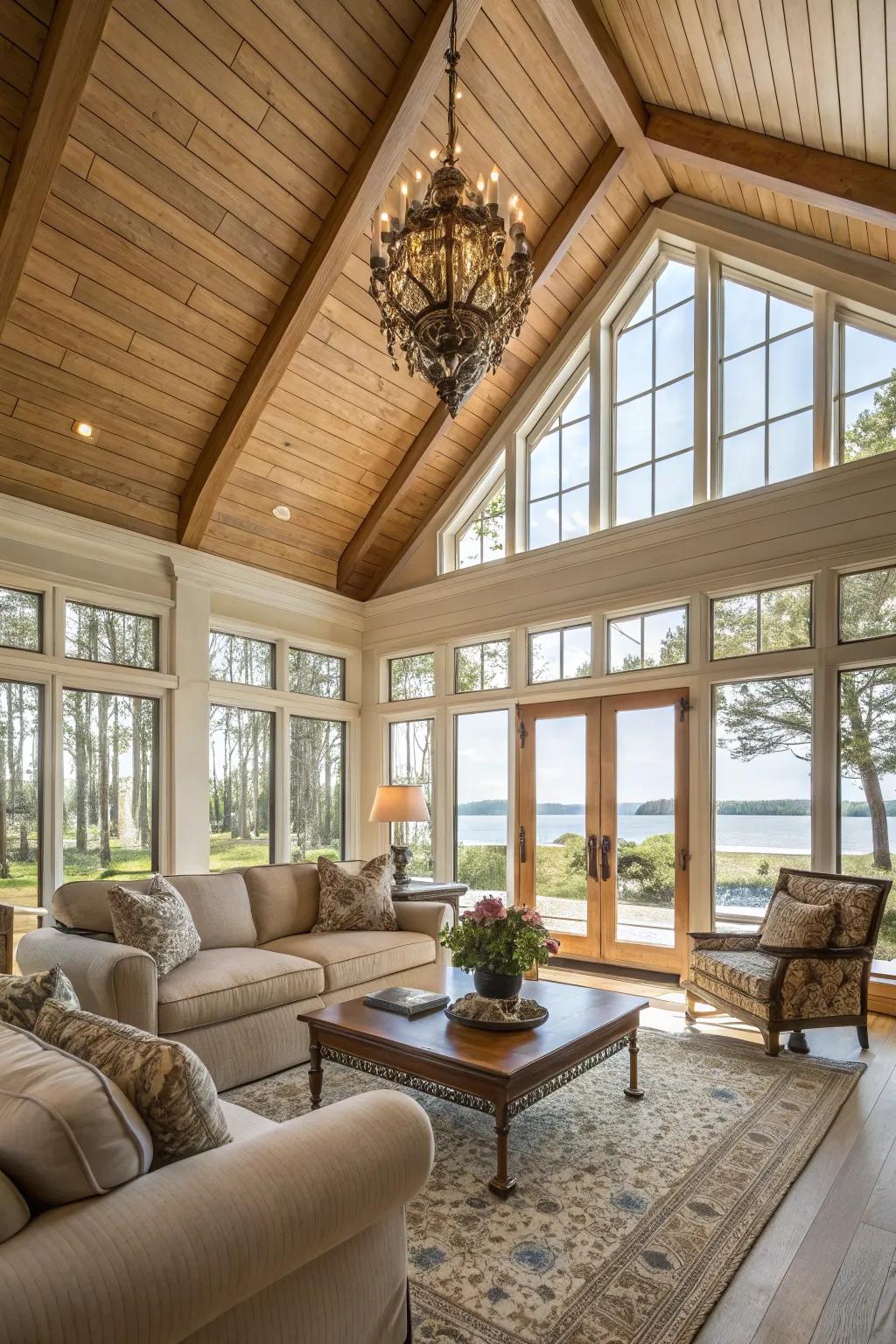 A grand rounded plank ceiling that opens up the space.