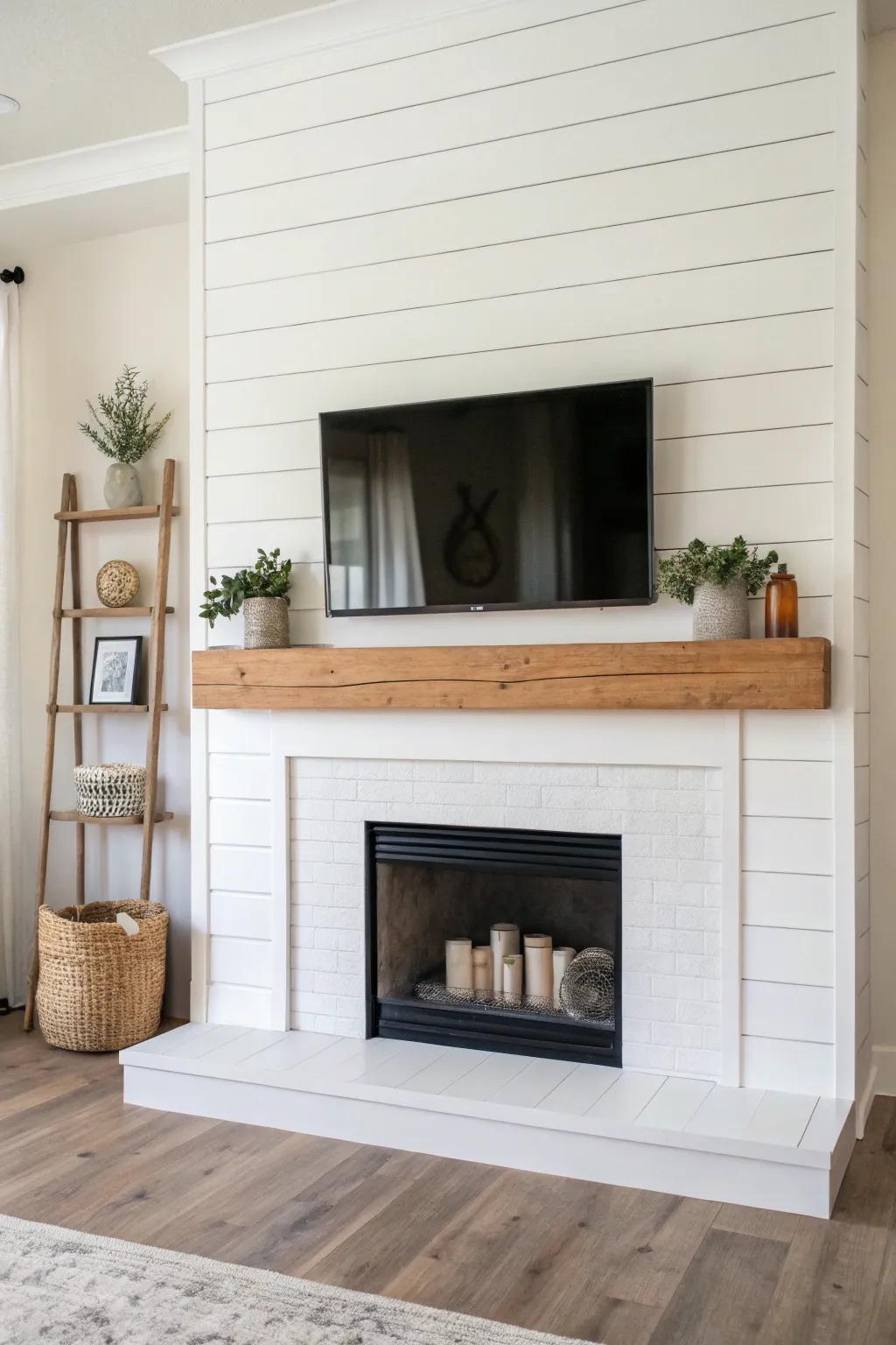 Essentialist shiplap fireplace emphasizing uncluttered lines and simplicity.