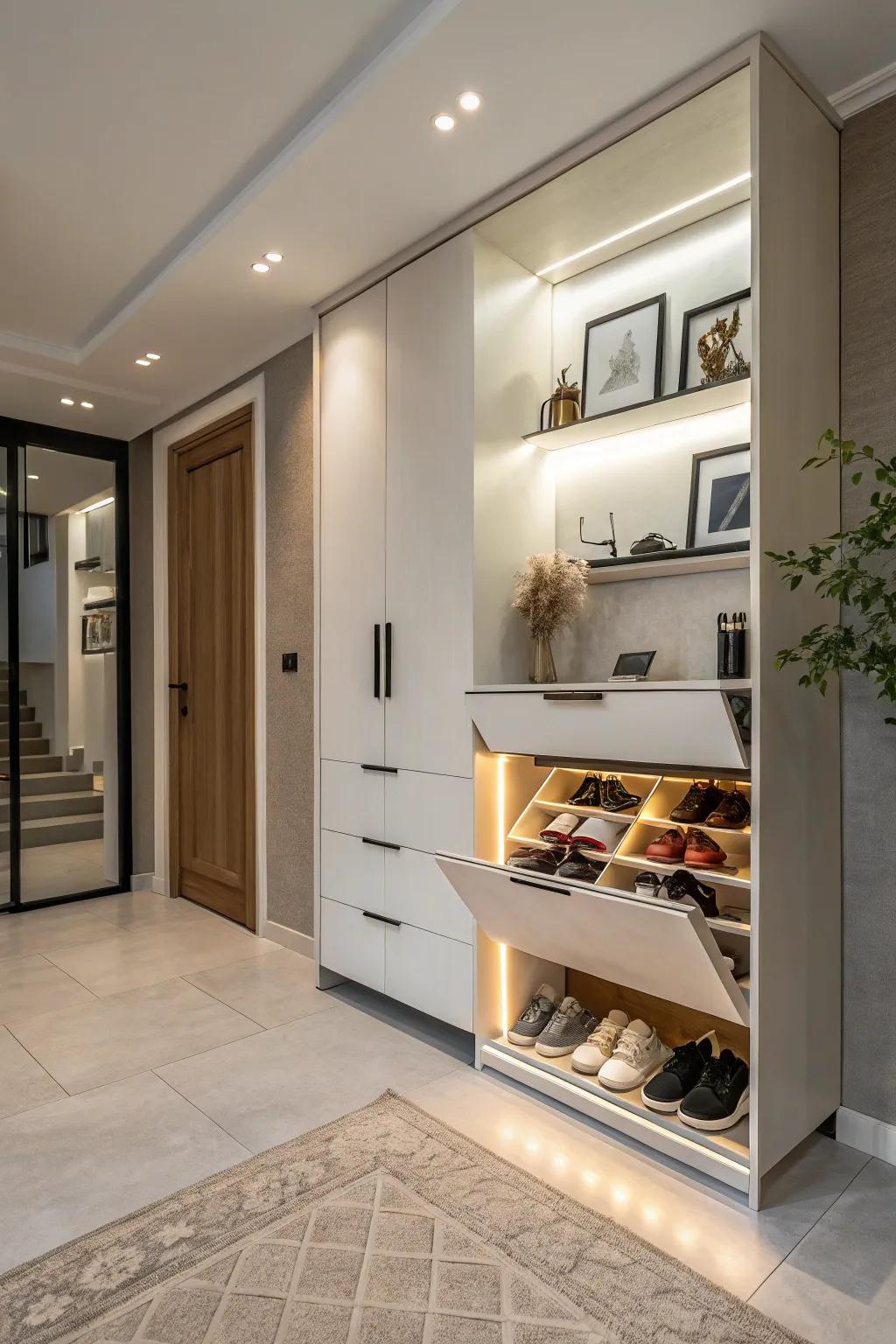 A modern floating shoe cabinet creating an open space.
