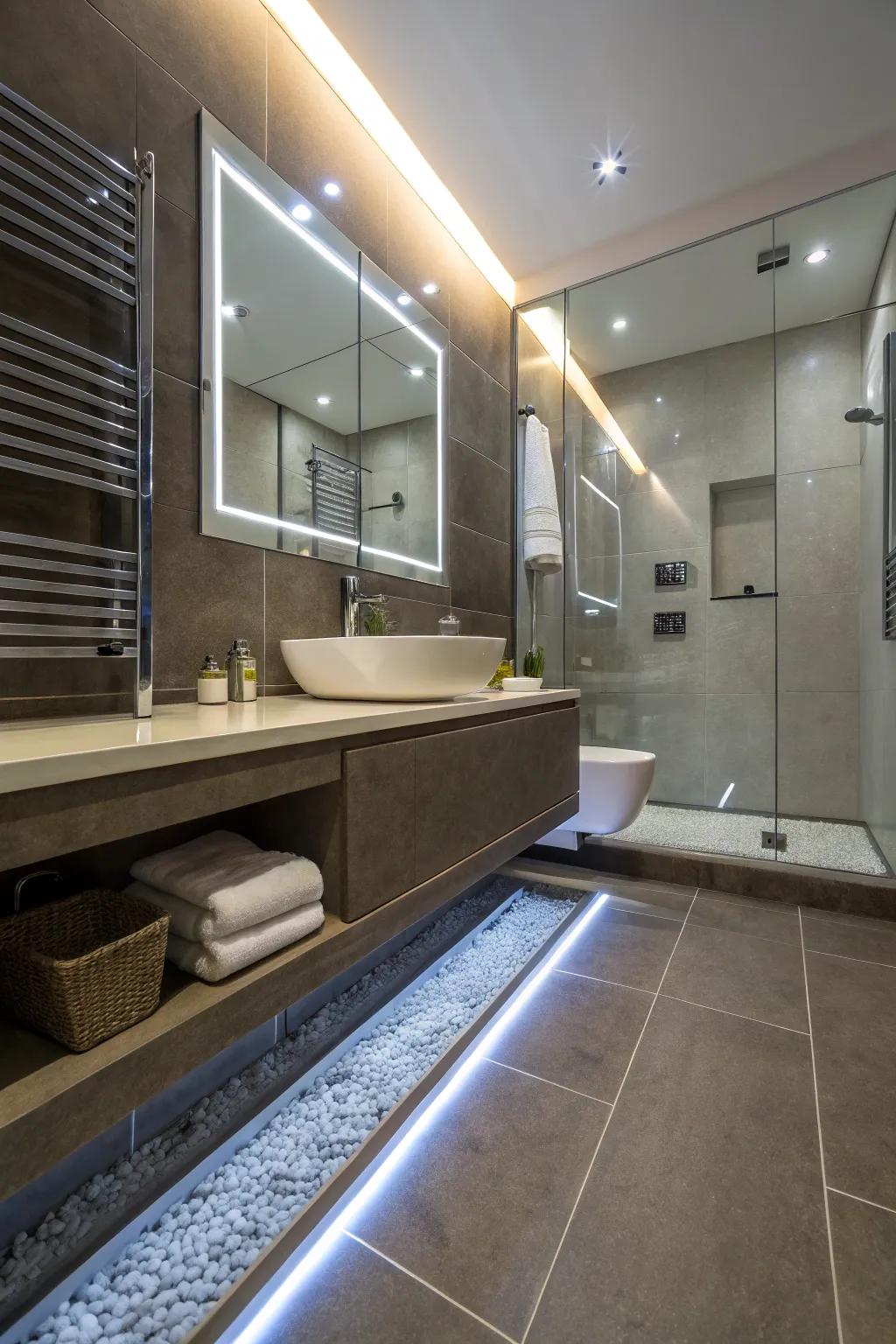 Built-in lights contribute a modern and lavish touch to shower boundaries.