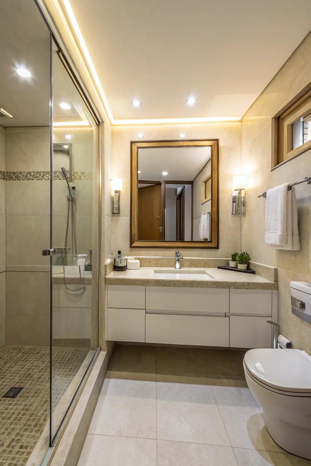Mirrors amplify light and space, perfect for small bathrooms.