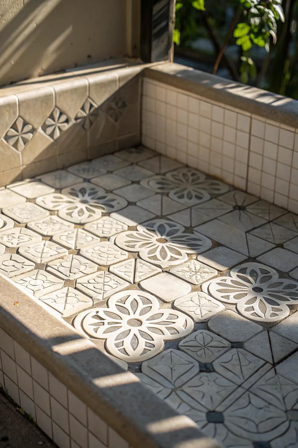 Three-dimensional tiles on this shower base introduce dimension and fashion captivating light and shadow effects.