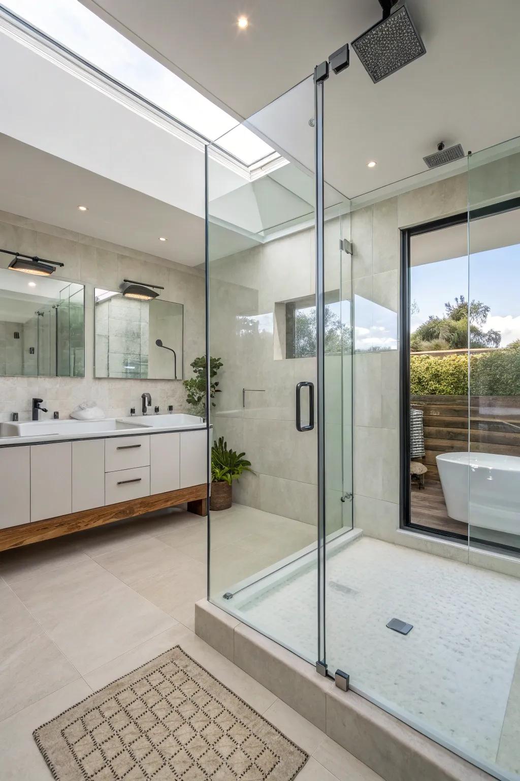 A smooth and modern shower room using borderless glass screens.