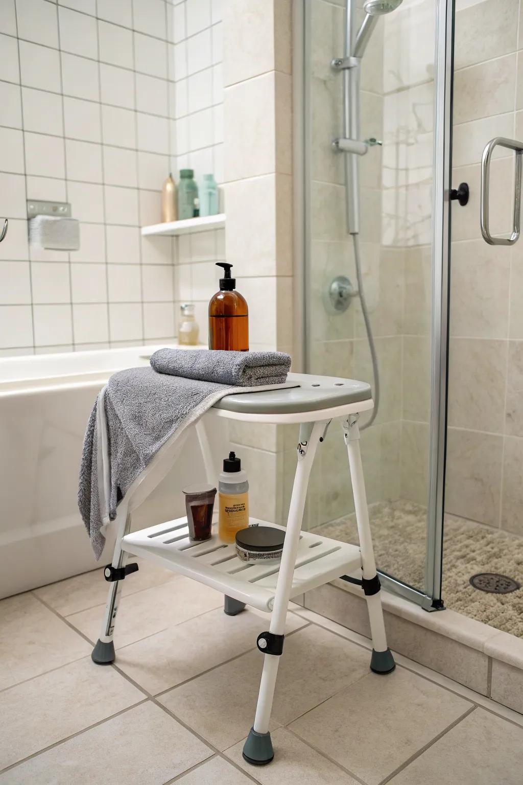 Shower perches deliver a dual-purpose solution for seating and storage.