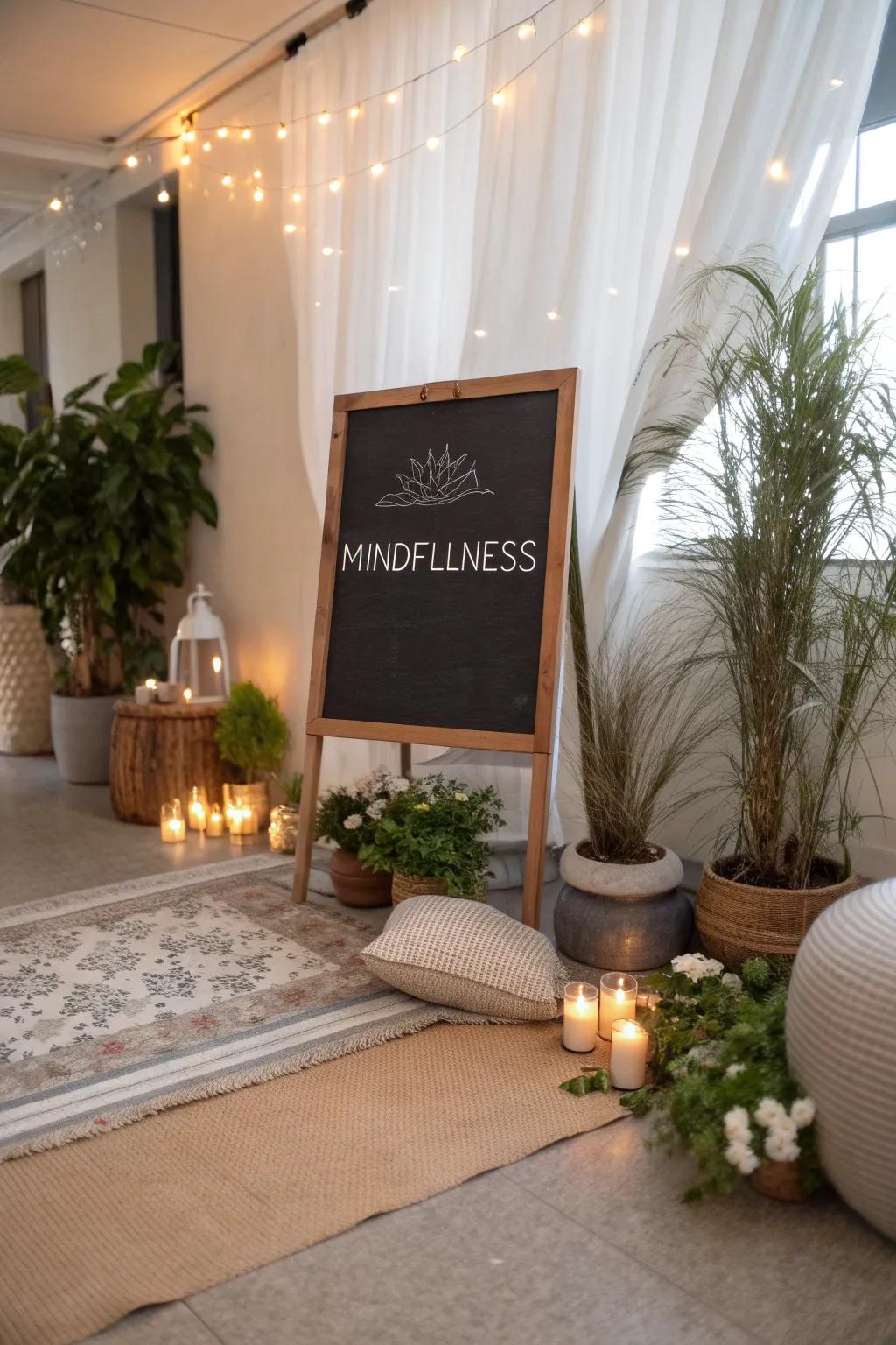 Meditation space chalkboard featuring a mindfulness-inspired quote.