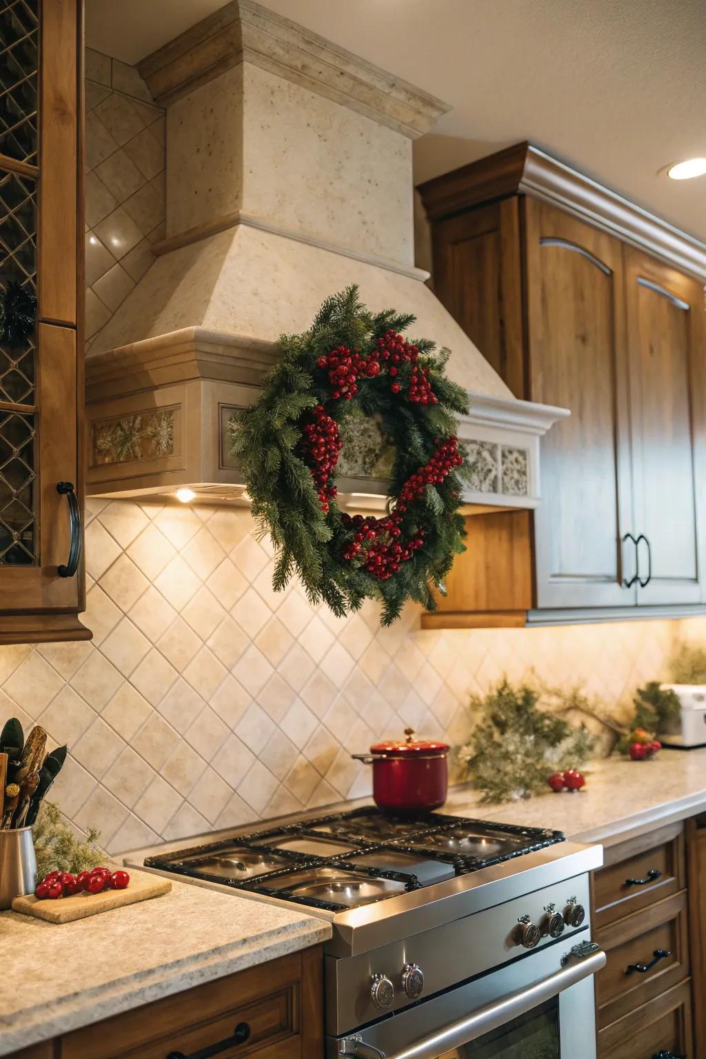 A wreath on the range hood adds elegance.