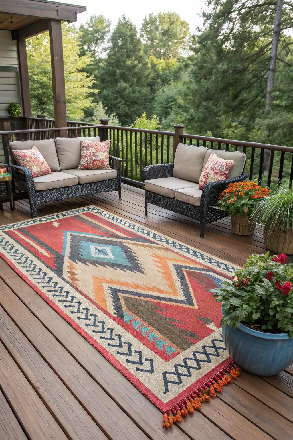 Outdoor rugs introduce texture and delineate spaces on your deck.