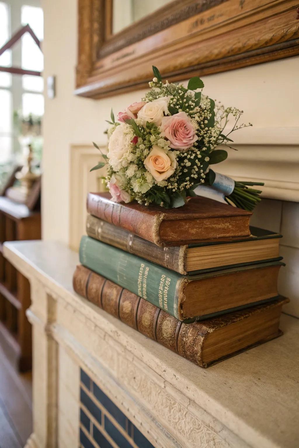 Manuscripts and blooms crafting a nostalgic tableau on the mantel.