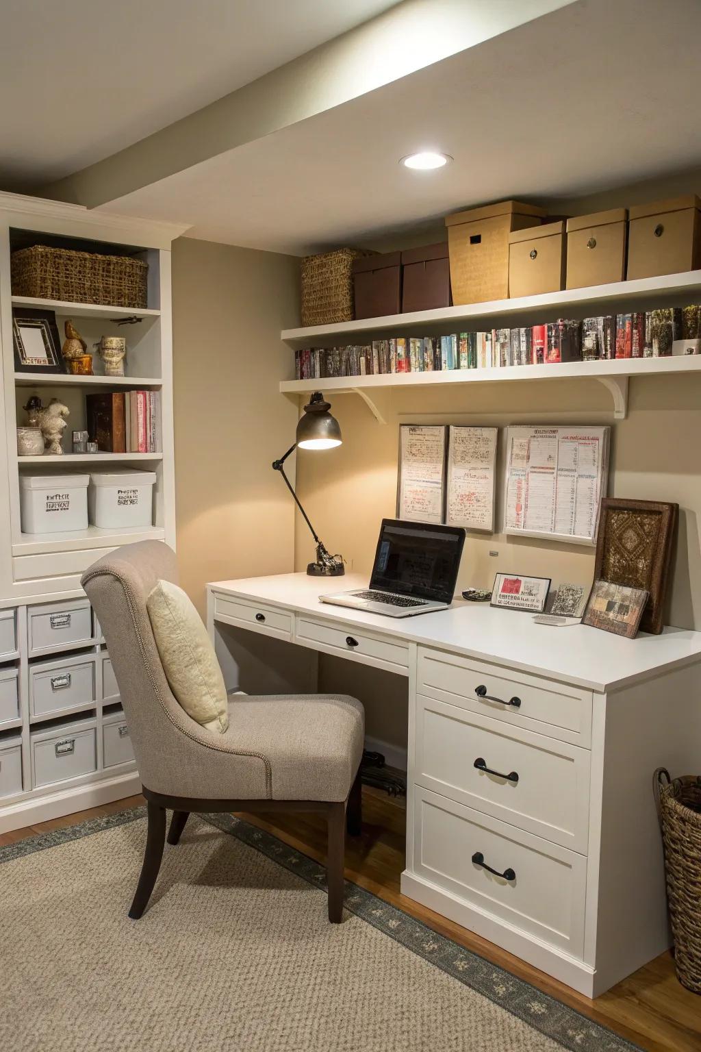 A basement office provides a quiet space for focused work.