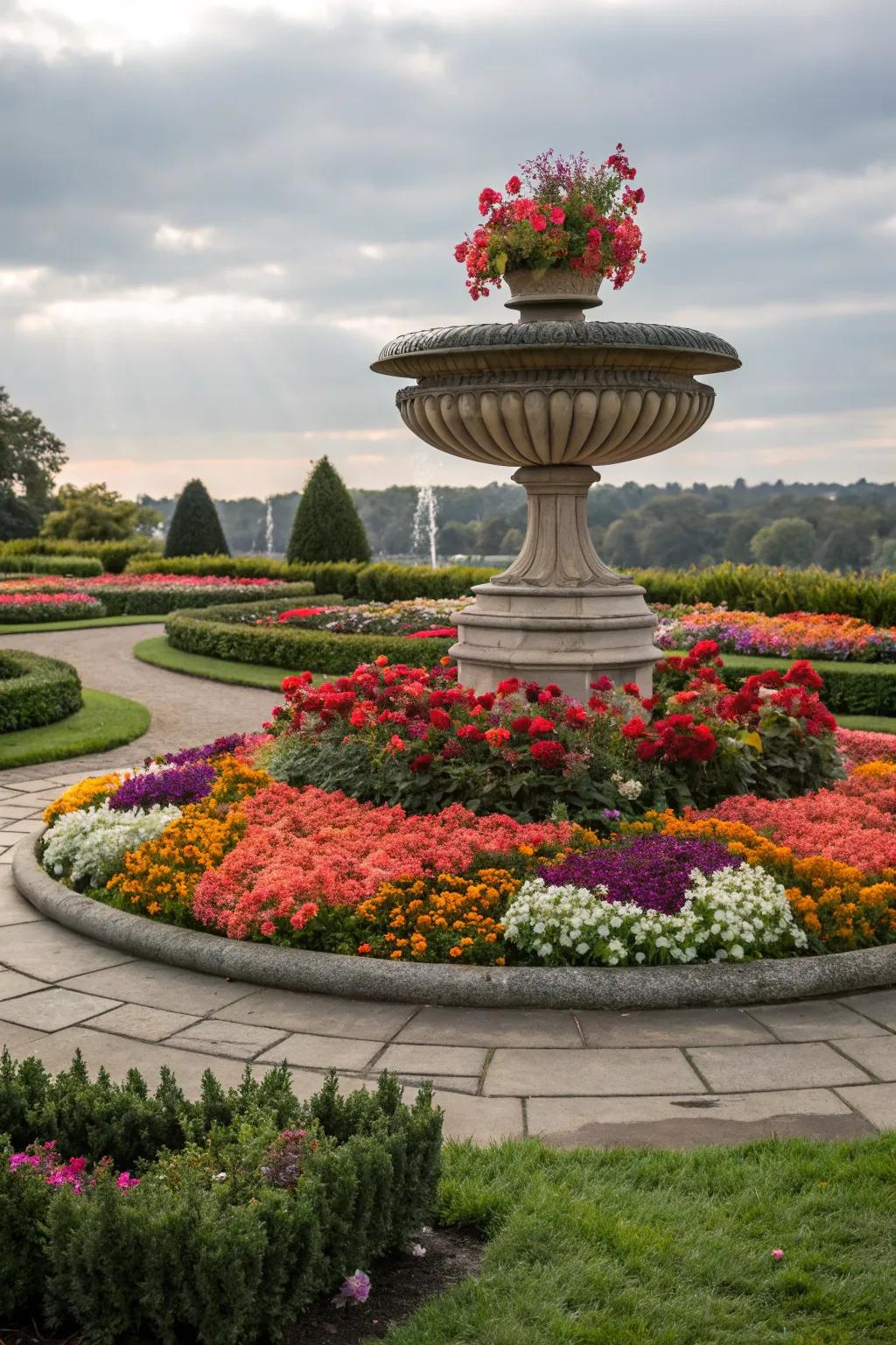 A circular flower bed featuring a showpiece fashions a focal point within the garden.