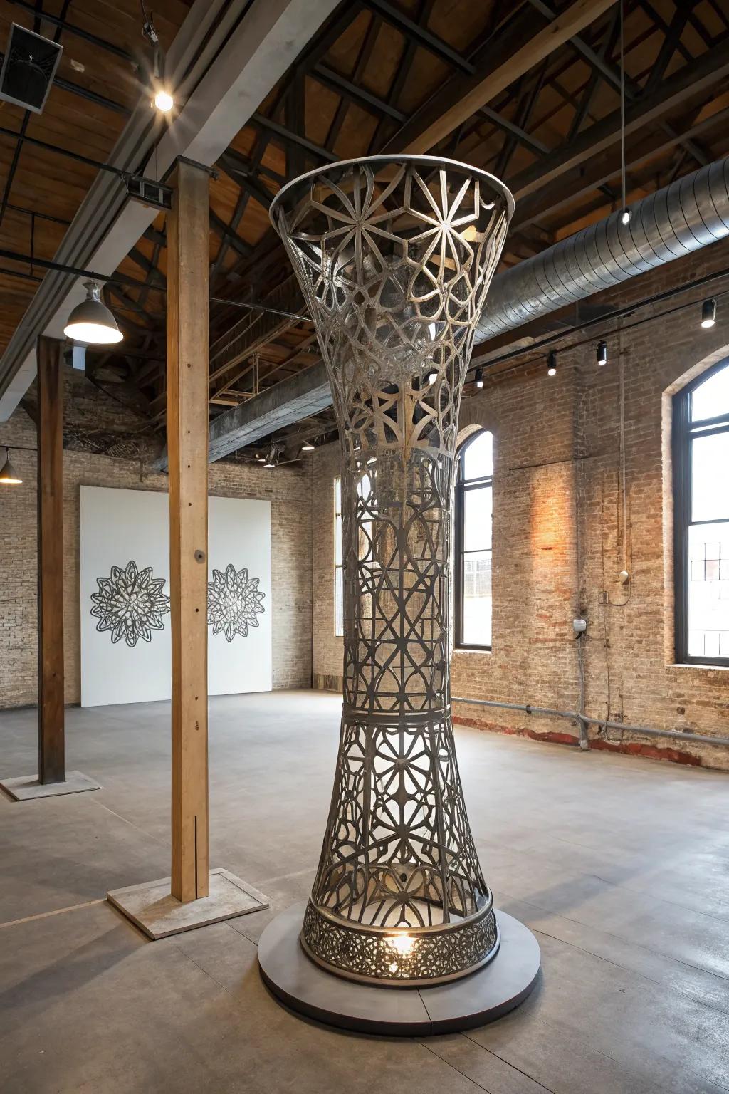 A metal sculpture with fractal designs incorporates a contemporary sensation to a loft.