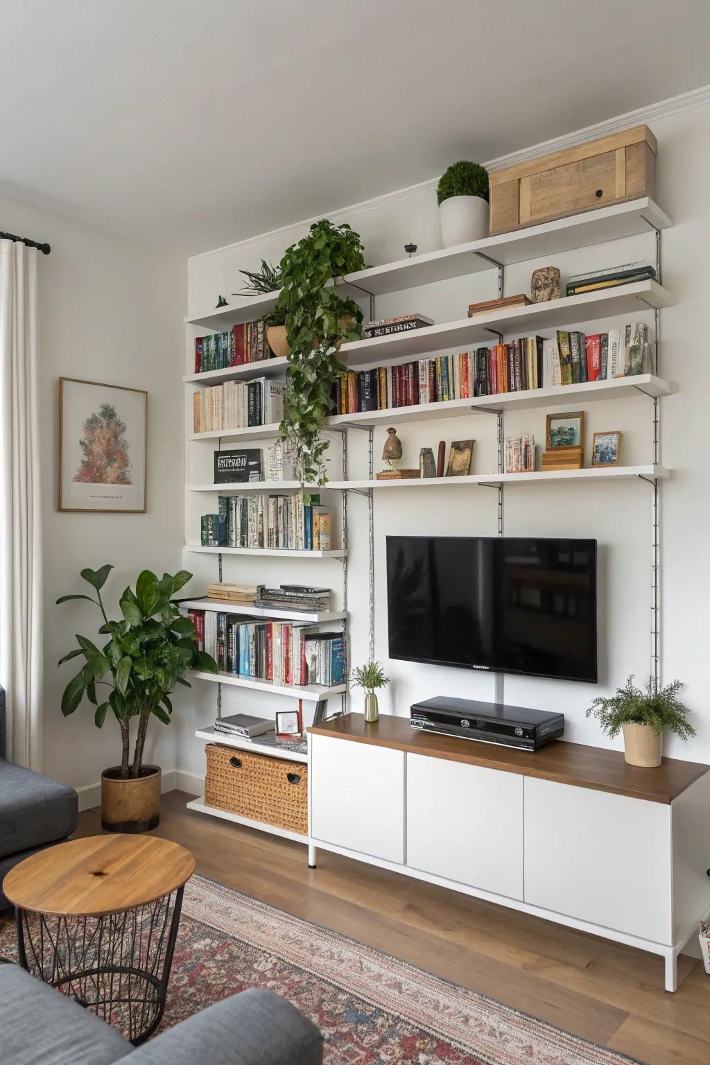 Wall space solutions help maintain an organized living area.