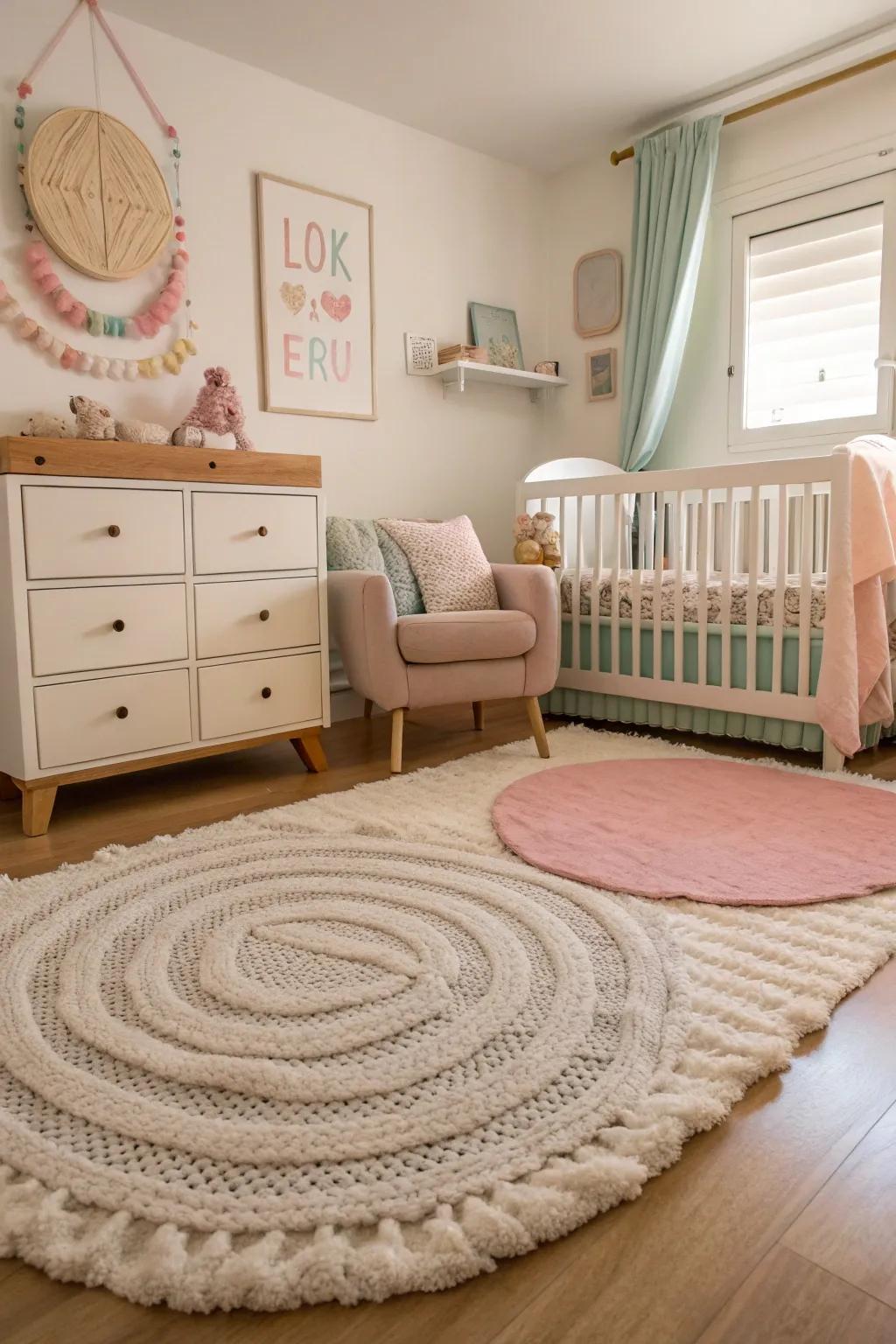 A textured floor covering enriches the coziness and delineates the nursery's dimensions.