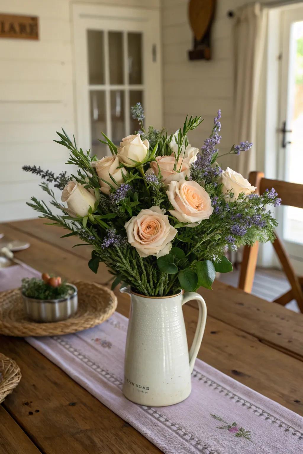 Roses paired with aromatic herbs for a delightful scent.