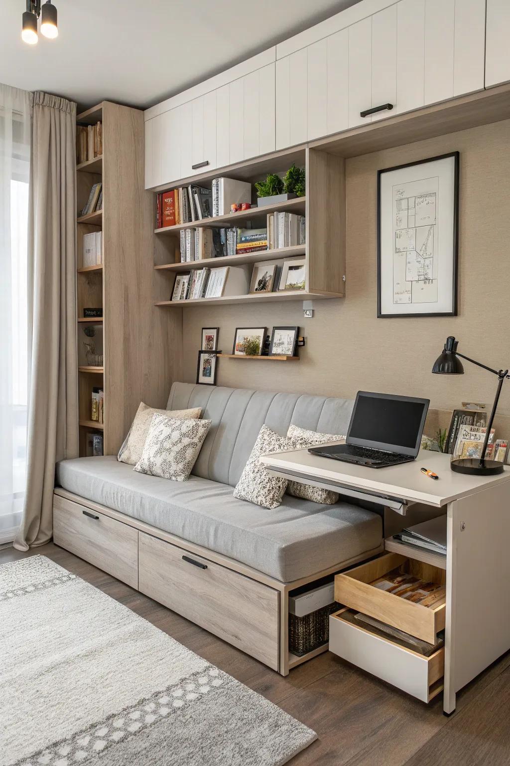 A tidy space utilizing clever storage options.
