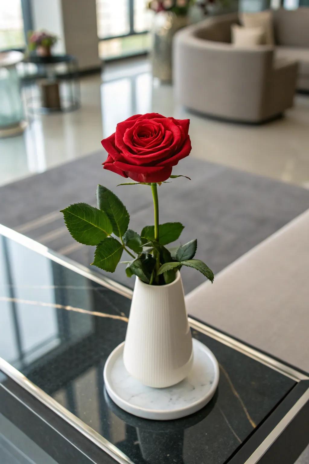 A clay container infuses elegance into a single rose.