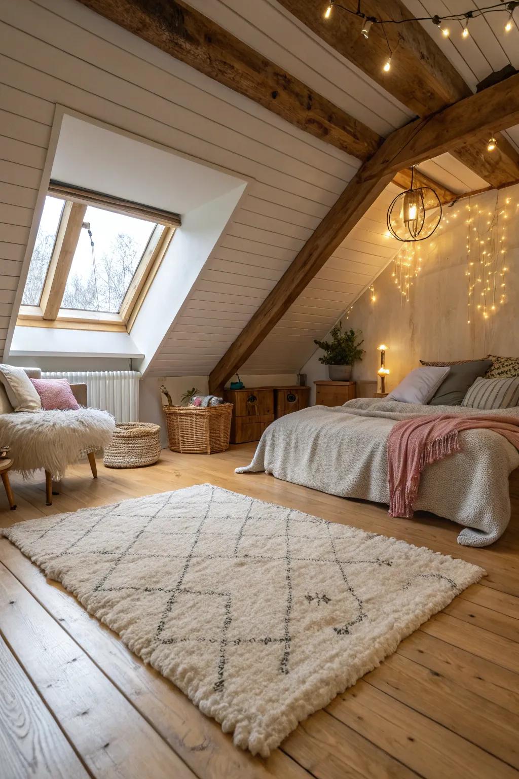 In this attic bedroom, a plush rug adds texture and warmth.