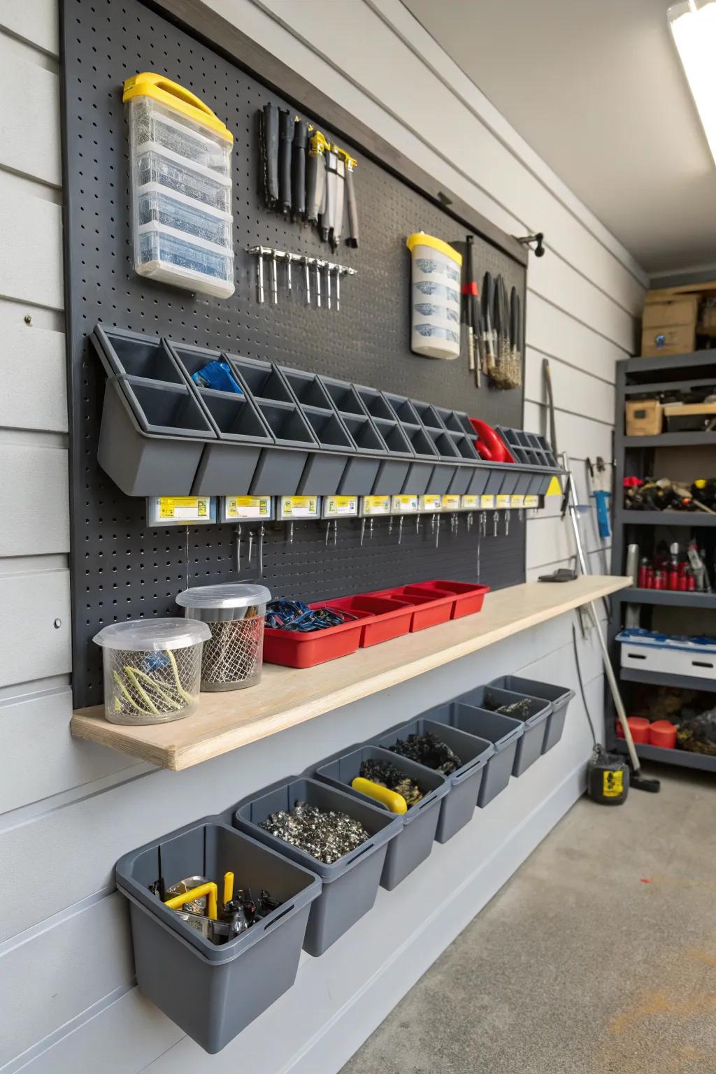 With tilt-out bins on a slatwall, organizing small objects is simple.
