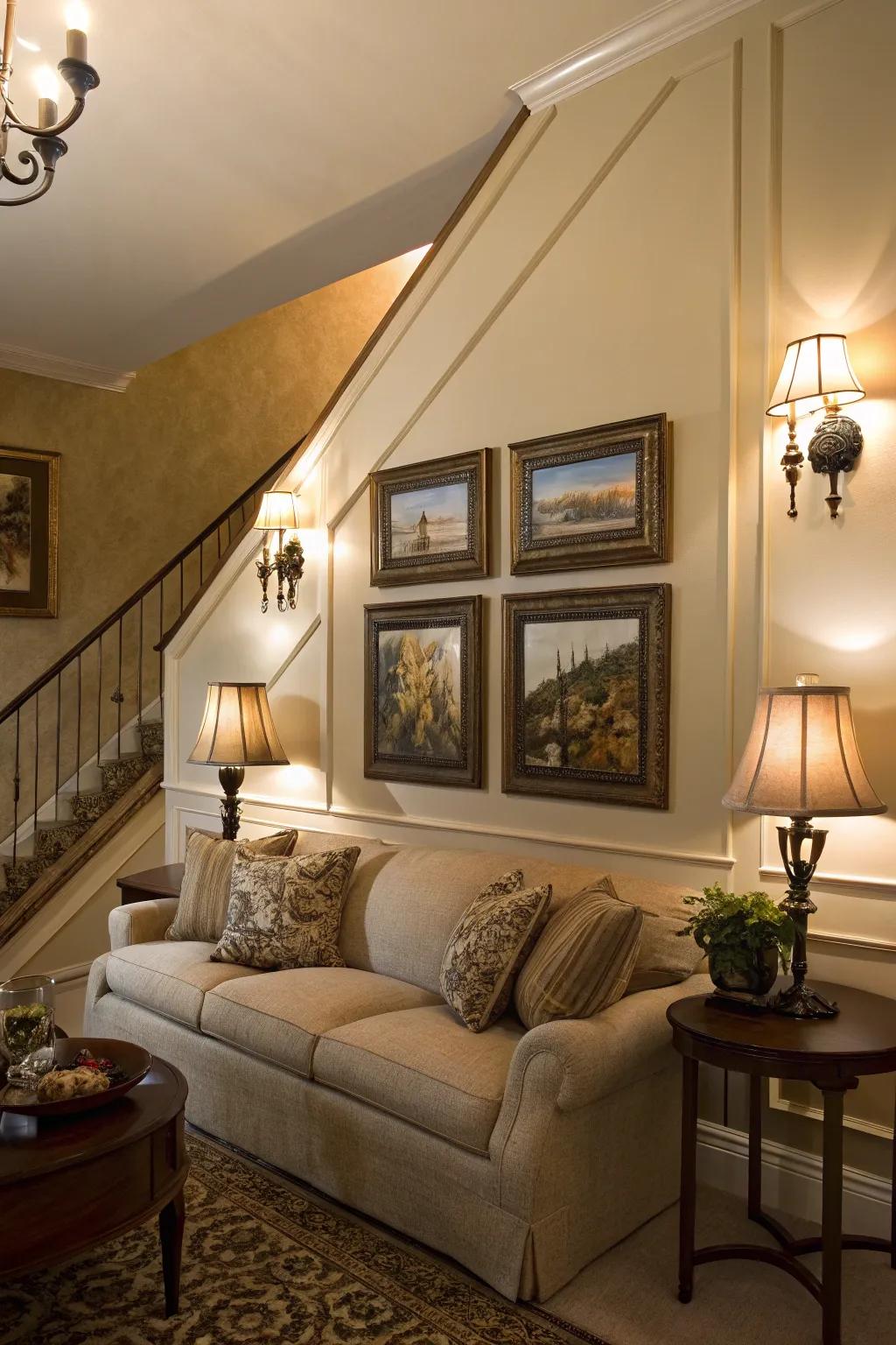 Mural sconces furnish accent illumination, underscoring architectural minutiae.