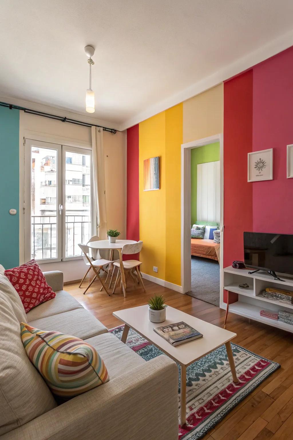Color accents mark out spaces within a small apartment.
