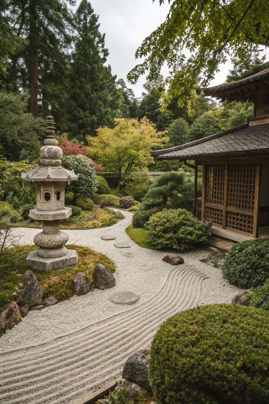 A zen garden features a small rock pagoda nestled among plants and gravel.