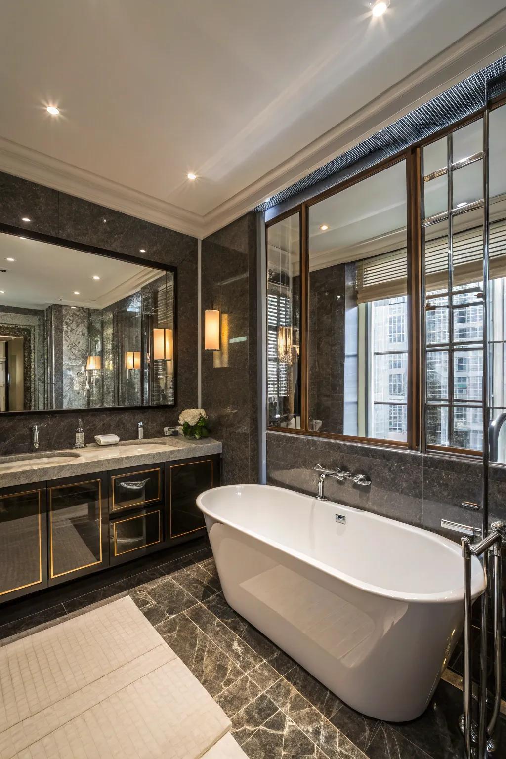 Reflective surfaces amplify light and depth.