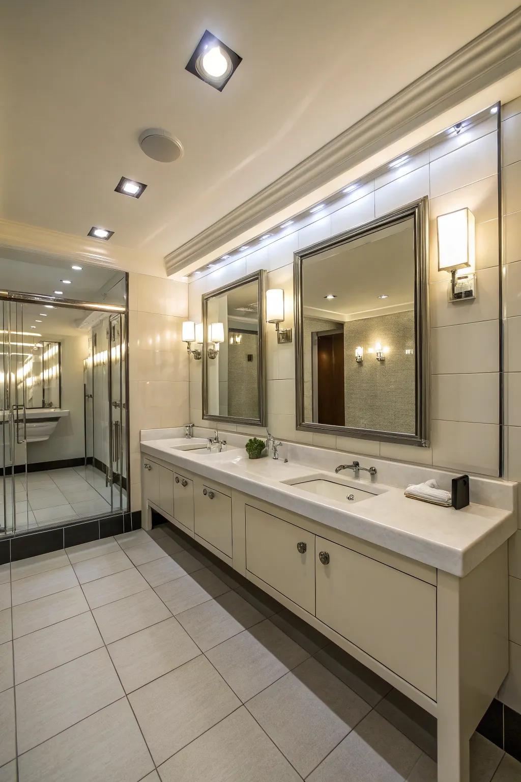 Floor-to-ceiling mirrors create a feeling of space in a small bathroom.