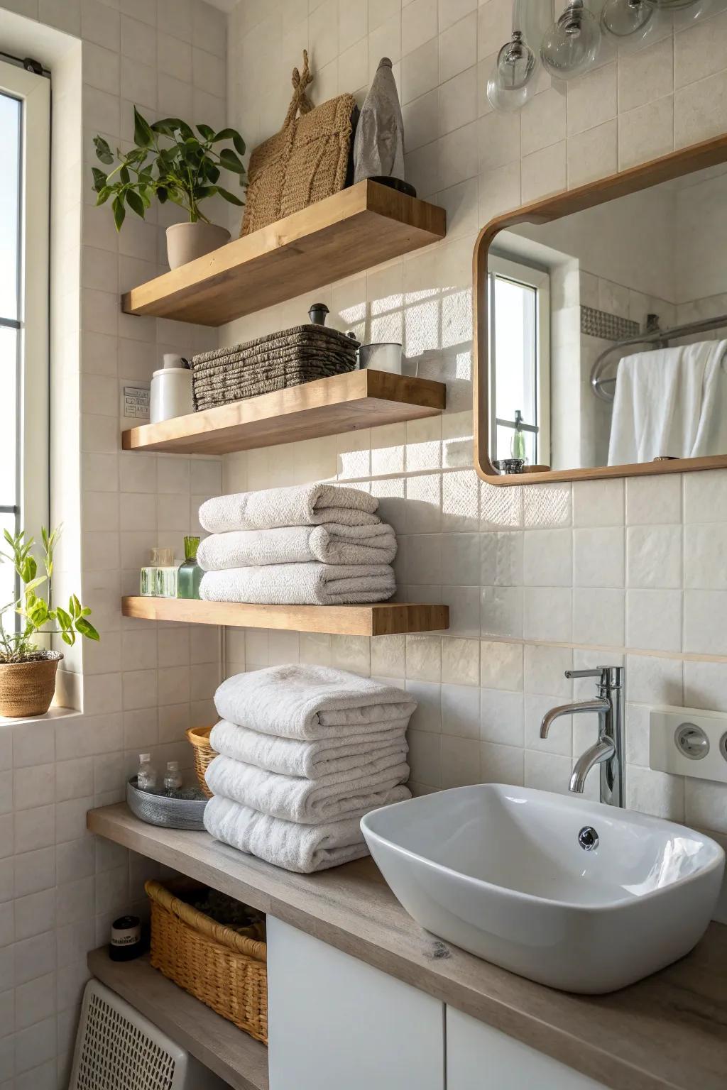 Simple and modern: floating shelves for storing towels.