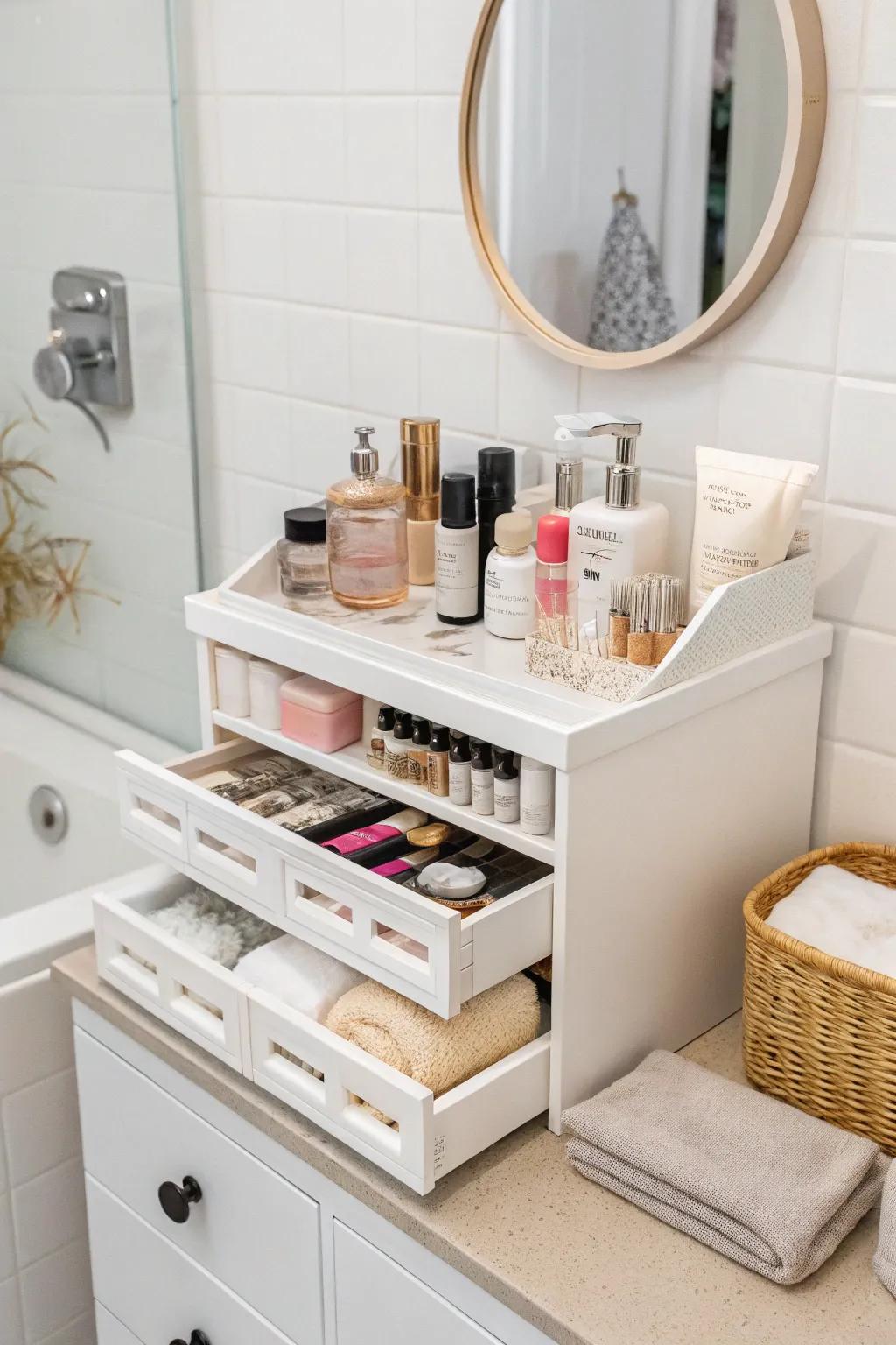 Functional organizers ensuring a neat and efficient small bathroom vanity.