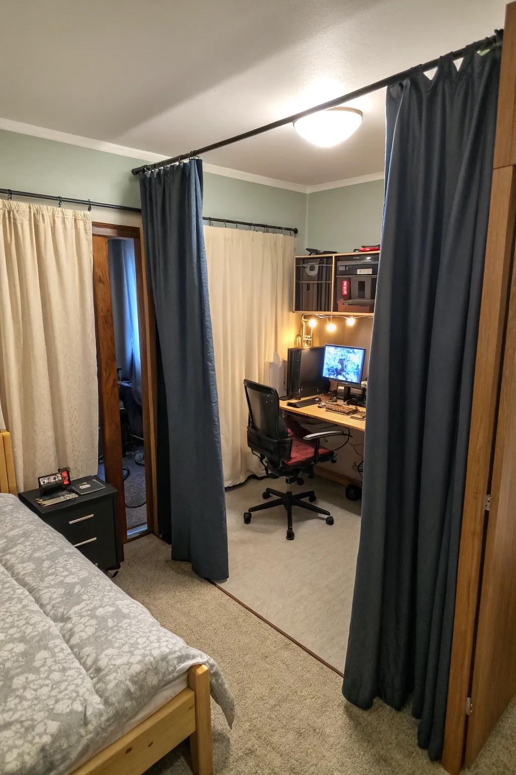 Curtains can make different areas in your small gaming room.